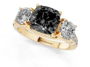 Fancy Black Cushion Cut Diamond Three-Stone Ring Set in Yellow gold with Pavé Band