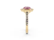 Fancy Pink Round Cut Diamond Milgrain Floral Halo Engagement Ring Set in Yellow gold with Pavé Band