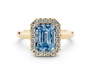 Fancy Blue Emerald Cut Diamond Halo Solitaire Ring Set in Yellow gold with Pavé Band and Prong Setting