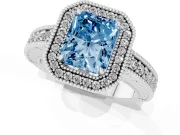 Fancy Blue Radiant Cut Diamond Halo Ring Set in Silver with Round Accent Halo, Pavé Band and Prong Setting