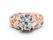 Round Cut Diamond Leaf-Inspired Engagement Ring Set in Rose gold with Round Accents