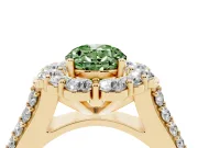 Fancy Green Oval Cut Diamond Halo Engagement Ring Set in Yellow gold with Split Shank and Prong Setting