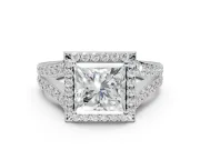 Princess Cut Halo Pavé Engagement Ring Setting | Narrow Split Shank | White Gold