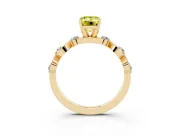 Fancy Yellow Emerald Cut Diamond Solitaire Ring Set in Yellow gold with Ribbon Twist Band, Round Accents and Prong Setting