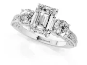 Emerald Cut Diamond Three-Stone Ring Set in Platinum with Round Side Stones and Pavé Band