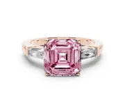 Asscher Cut Three Stone Engagement Ring Setting for a Fancy Pink Lab-Grown Diamond | Tapered Baguettes | Rose Gold