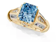 Fancy Blue Radiant Cut Diamond Vintage-Inspired Milgrain Ring Set in Yellow gold with Accent Split Shank