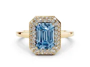 Emerald Cut Pave Halo Engagement Ring Setting for a Fancy Blue Lab-Grown Diamond | Slim Plain Band | Yellow Gold