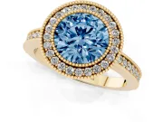 Round Milgrain Halo Engagement Ring Setting for a Fancy Blue Lab-Grown Diamond | Pave Band | Yellow Gold