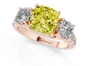 Cushion Cut Three Stone Engagement Ring Setting for a Fancy Yellow Lab-Grown Diamond | Accented Shoulders | Rose Gold