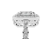 Emerald Cut Diamond Halo Ring Set in Platinum with Pavé-Setting Band and Open Prong Center