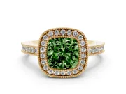 Fancy Green Cushion Cut Diamond Halo Ring Set in Yellow gold with Pavé Band and Milgrain-Edged Prongs