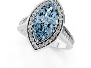 Fancy Blue Marquise Cut Diamond Halo Solitaire Ring Set in White gold with Pavé Band and Bezel Setting
