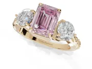 Emerald Cut Three Stone Engagement Ring Setting for a Fancy Pink Lab-Grown Diamond | Tapered Pave Band | Yellow Gold