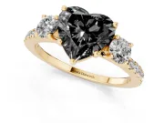Heart-Shaped Three Stone Engagement Ring Setting for a Black Center | Pavé Shoulders | Yellow Gold