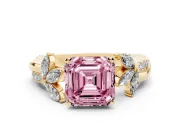 Fancy Pink Asscher Cut Diamond Floral Vine Solitaire Engagement Ring Set in Yellow gold with Marquise Leaves