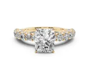 Radiant Cut Shared Prong Engagement Ring Setting | Two-Row Band | Yellow Gold