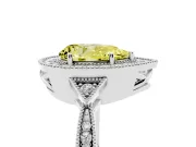 Fancy Yellow Pear Cut Diamond Halo Engagement Ring Set in White gold with Milgrain Pavé Band