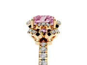 Fancy Pink Cushion Cut Diamond Halo Pavé Band Ring Set in Yellow gold with Prong-Held Center