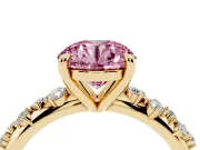 Fancy Pink Round Cut Diamond Solitaire Vine Band Ring Set in Yellow gold with Round Accents and Prong Setting