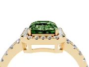 Fancy Green Emerald Cut Diamond Halo Ring Set in Yellow gold with Delicate Pavé Band and Prong Setting