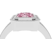 Fancy Pink Radiant Cut Diamond Halo Engagement Ring Set in White gold with Pavé Band and Round Halo Stones