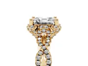 Asscher Cut Diamond Halo Twist Band Solitaire Ring Set in Yellow gold with Prong-Set Center Stone