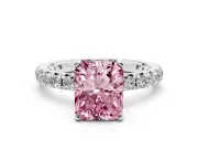 Fancy Pink Radiant Cut Diamond Pavé Solitaire Ring Set in White gold with Round Band and Prong Setting