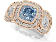 Cushion Cut Three Stone Halo Engagement Ring Setting for a Fancy Blue Lab-Grown Diamond | Rose Gold