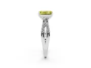 Fancy Yellow Emerald Cut Diamond Three-Stone Ring Set in White gold with Pavé Split Shank and Prong Setting