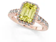 Fancy Yellow Emerald Cut Diamond Halo Engagement Ring Set in Rose gold with Pavé Band and Prong Setting