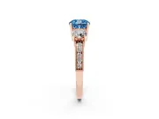 Fancy Blue Cushion Cut Diamond Three-Stone Ring Set in Rose gold with Round Side Stones and Pavé Band