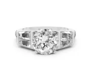 Round Cut Diamond Engagement Ring Set in Silver with Baguette Side Stones and Channel Set Band