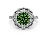 Fancy Green Round Cut Diamond Milgrain Floral Halo Engagement Ring Set in White gold with Pavé Band