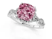 Fancy Pink Cushion Cut Diamond Halo Twist Band Solitaire Ring Set in White gold with Prong-Set Center Stone