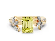 Fancy Yellow Emerald Cut Diamond Floral Vine Solitaire Engagement Ring Set in Yellow gold with Marquise Leaves