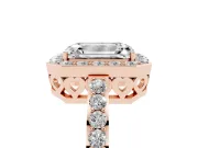 Emerald Cut Diamond Halo Ring Set in Rose gold with Pavé-Setting Band and Open Prong Center