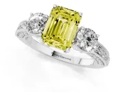 Fancy Yellow Emerald Cut Diamond Three-Stone Ring Set in Silver with Round Side Stones and Pavé Band