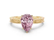 Fancy Pink Pear Cut Diamond Solitaire Milgrain Engraved Band Set in Yellow gold with Prong Setting