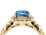 Cushion Cut Leaf Halo Engagement Ring Setting for a Fancy Blue Lab-Grown Diamond | Bezel Accents | Yellow Gold