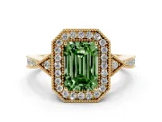 Fancy Green Emerald Cut Diamond Halo Engagement Ring Set in Yellow gold with Milgrain Pavé Band