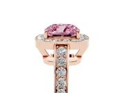 Fancy Pink Cushion Cut Diamond Halo Pavé Engagement Ring Set in Rose gold with Bezel Setting
