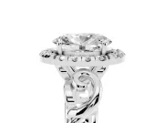 Oval Cut Diamond Halo Ring Set in Platinum with Scrollwork Band and Prong Setting
