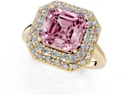 Fancy Pink Asscher Cut Diamond Halo Engagement Ring Set in Yellow gold with Solitaire Band and Prong Setting