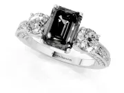 Fancy Black Emerald Cut Diamond Three-Stone Ring Set in Platinum with Round Side Stones and Pavé Band