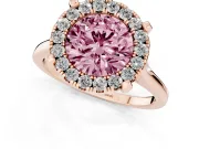 Round Halo Engagement Ring Setting for a Fancy Pink Lab-Grown Diamond | Claw Corners | Rose Gold