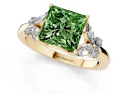 Fancy Green Princess Cut Diamond Solitaire Floral Ring Set in Yellow gold with Marquise Petals and Prong Setting