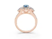 Fancy Blue Emerald Cut Diamond Halo Split Shank Engagement Ring Set in Rose gold with Prong-Held Center Stone