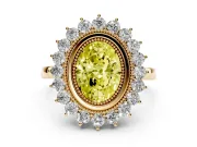 Fancy Yellow Oval Cut Diamond Halo Ring Set in Yellow gold with Milgrain Edge and Round Prong Setting