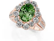 Fancy Green Oval Cut Diamond Halo Engagement Ring Set in Rose gold with Split Shank and Prong Setting